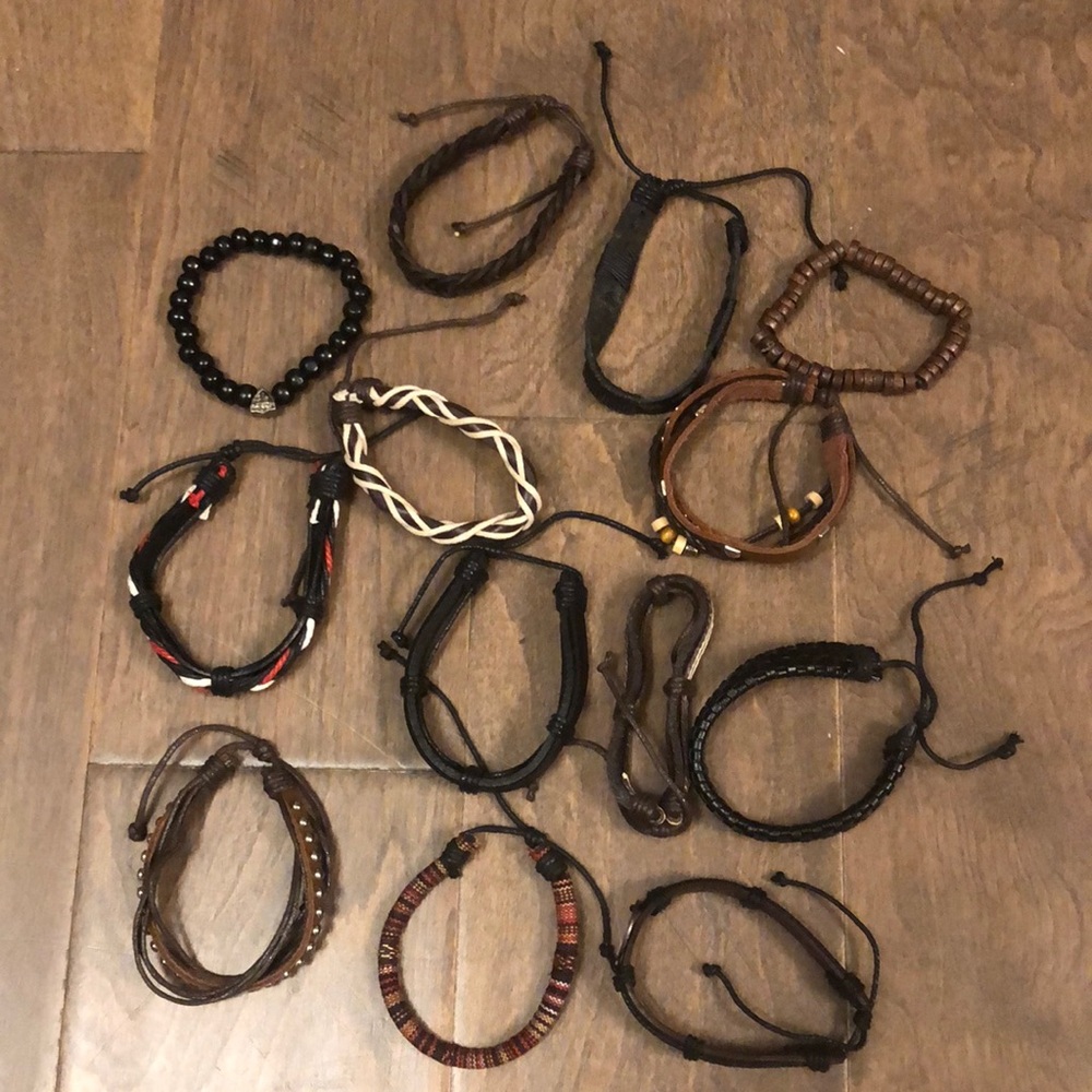 Leather bracelets (11) plus 2 beaded bracelets handmade